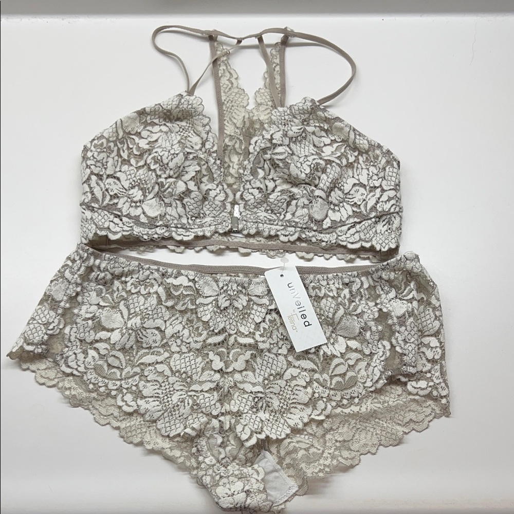 Lace racer back bralette and boy short. Unveiled by Felina. Bra S Panty M